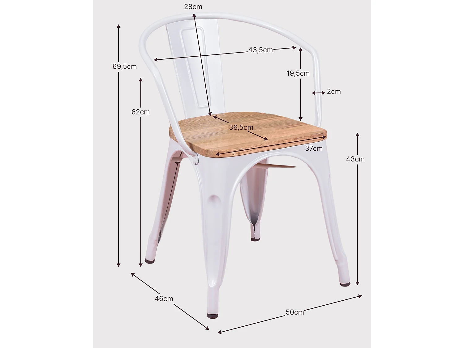 Sedia industriale con braccioli e seduta in legno di olmo - Bistro - Bianco