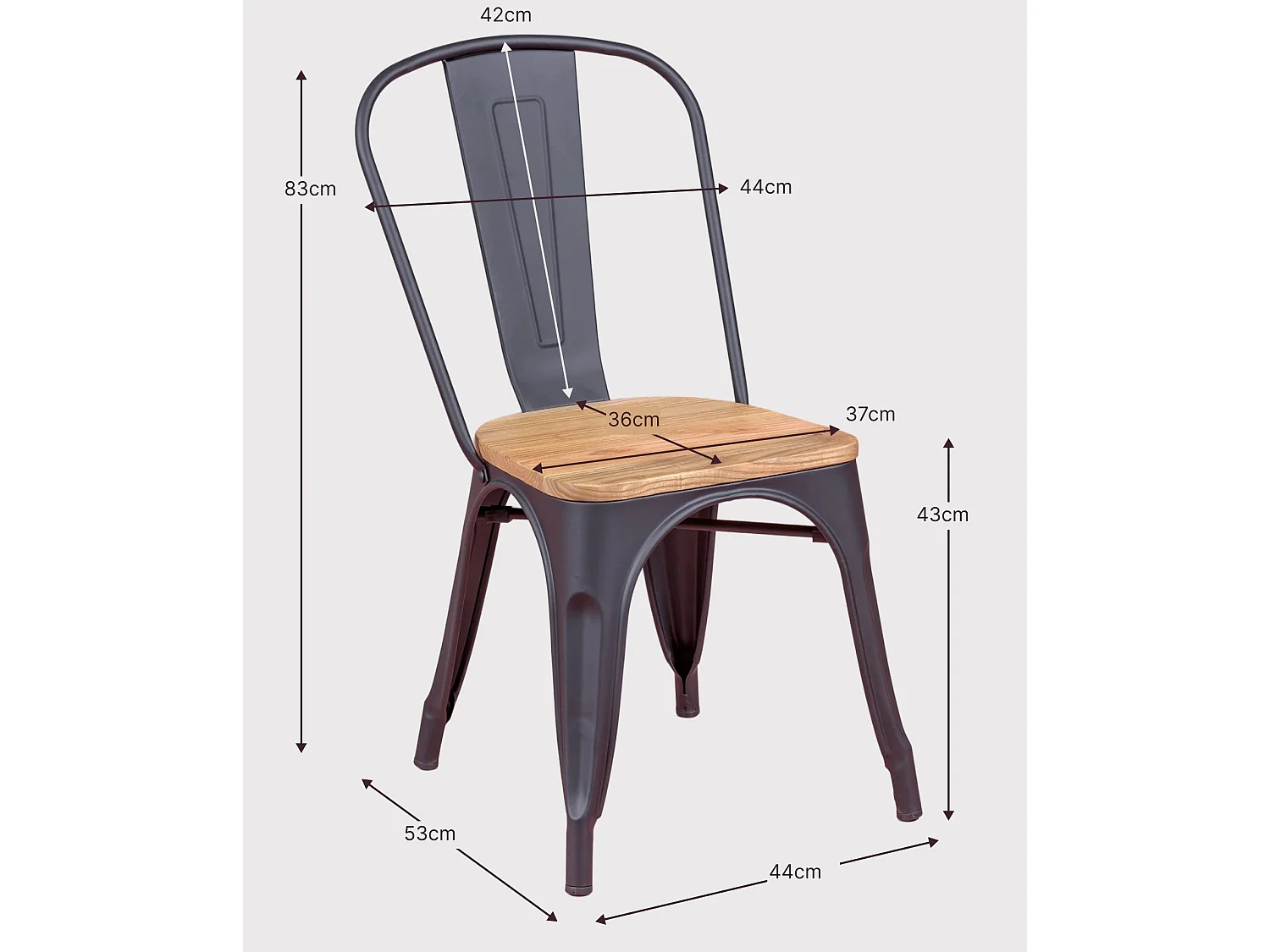 Chaise industrielle vieillie avec assise en bois foncé - Bistro - Antique