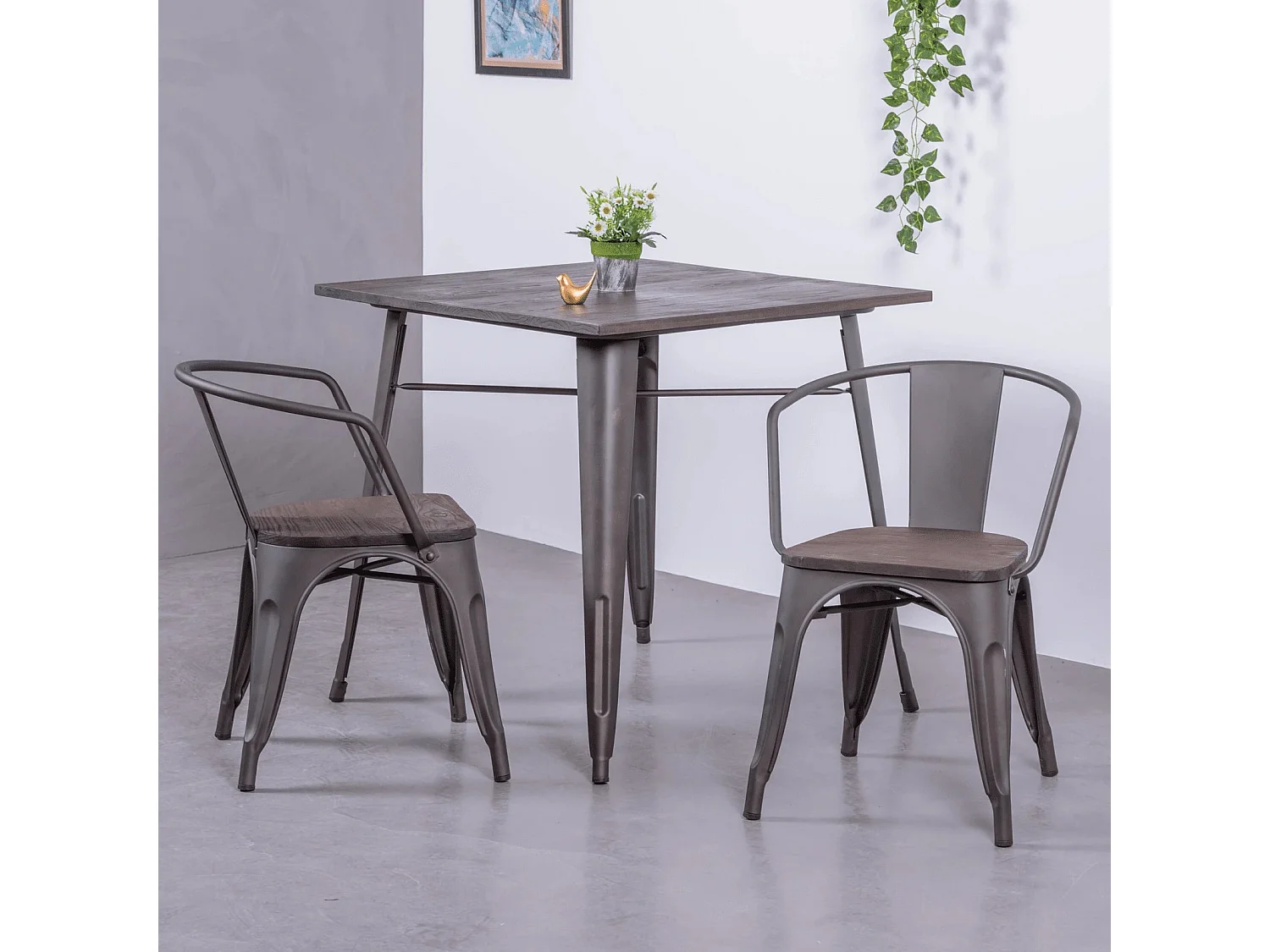 Gealterter Industriestuhl mit Armlehnen und Holzsitz - Bistro - Antiquität