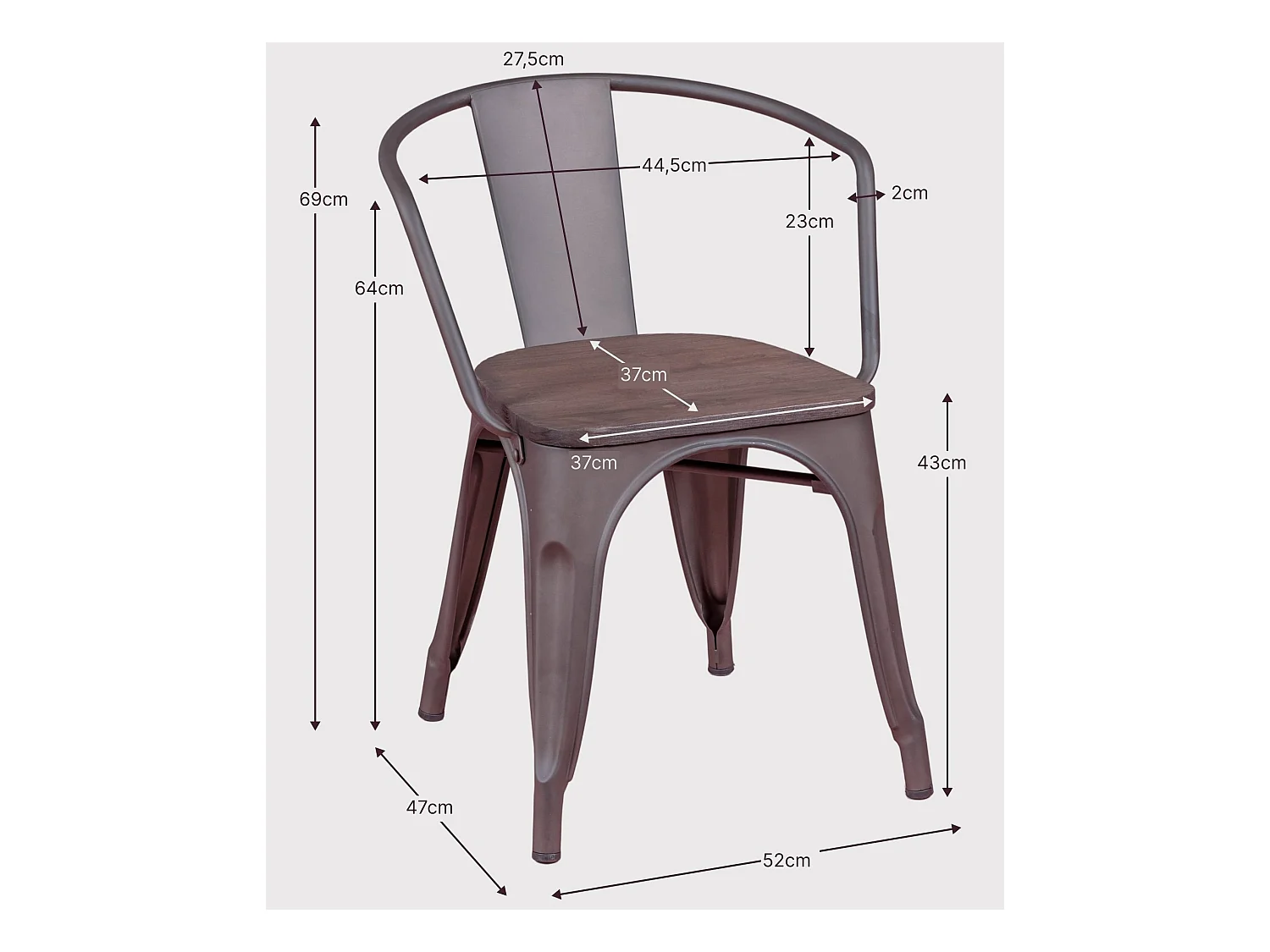 Verouderde industriële stoel met armleuningen en houten zitting - Bistro - Antiek