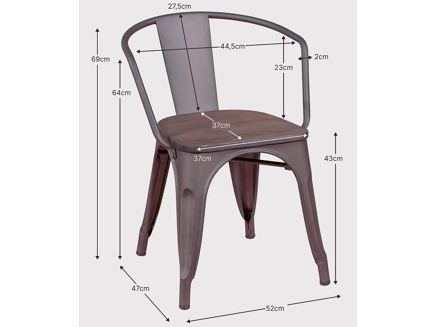 Chaise industrielle vieillie avec accoudoirs et assise en bois - Bistro - Antique