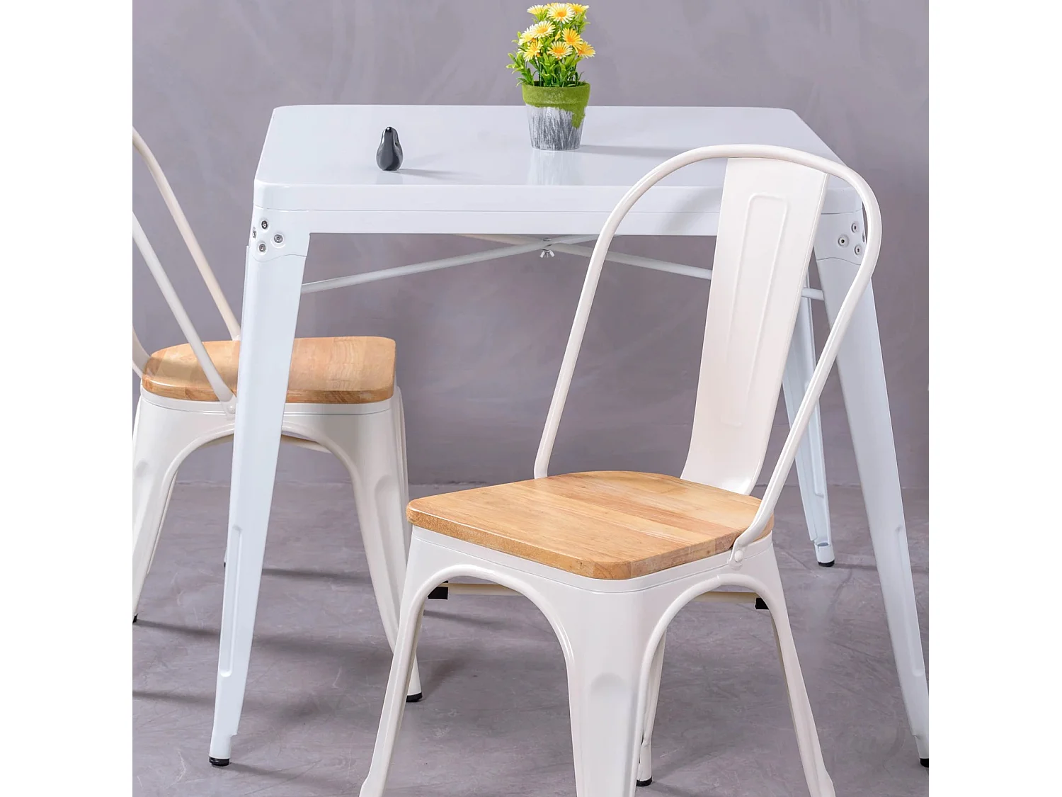 Chaise en métal avec assise en bois d'orme - Bistro - Blanc