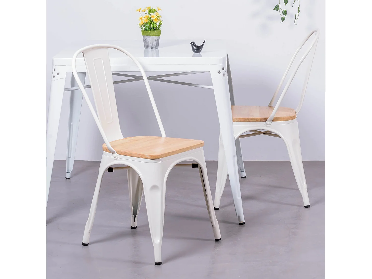 Chaise en métal avec assise en bois d'orme - Bistro - Blanc