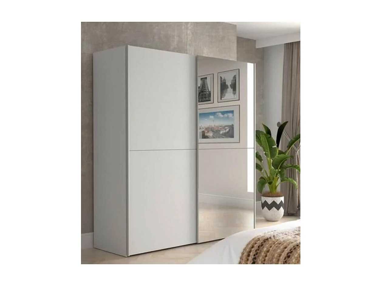 Armoire 2 portes coulissantes 5 tablettes blanc mat miroir - JEIK