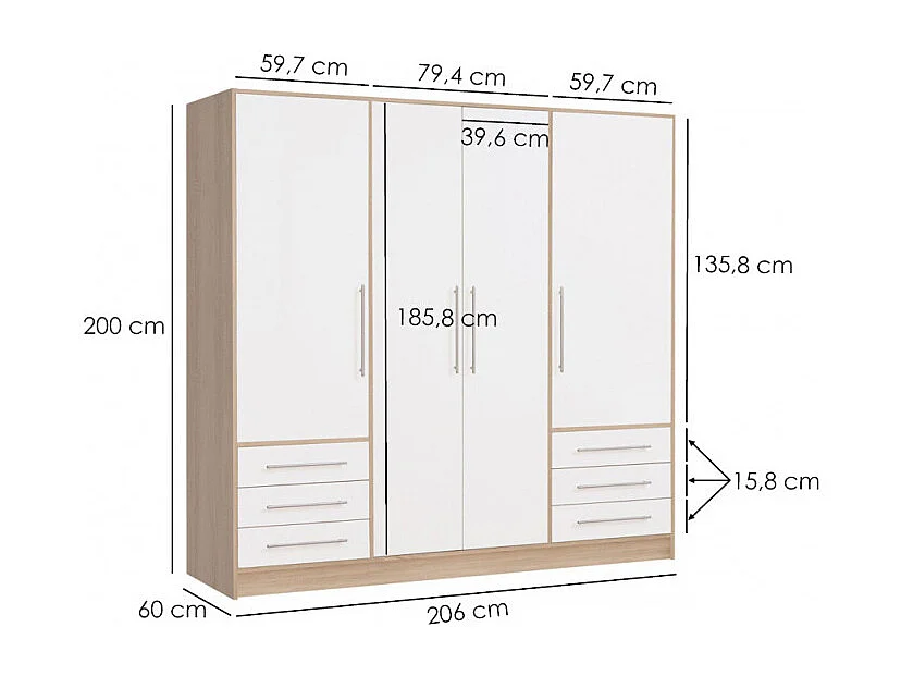 Armoire dressing 207 cm 4 portes blanc décor chêne clair - FARO