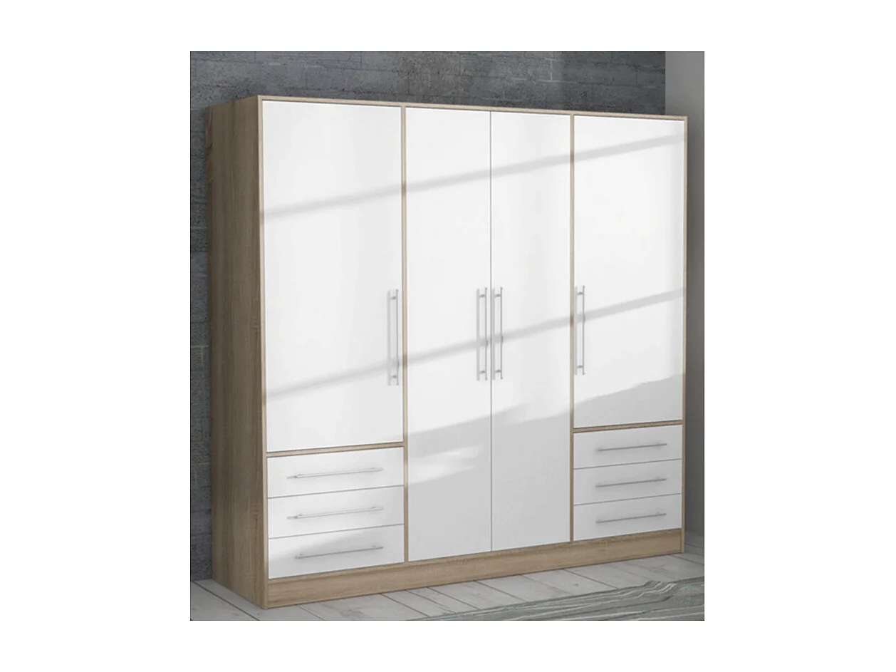 Armoire dressing 207 cm 4 portes blanc décor chêne clair - FARO