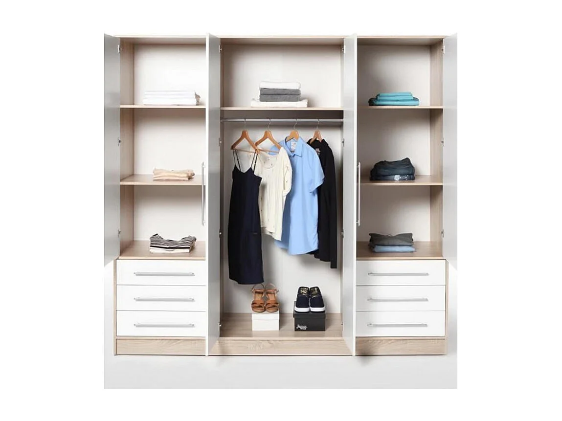 Armoire dressing 207 cm 4 portes blanc décor chêne clair - FARO