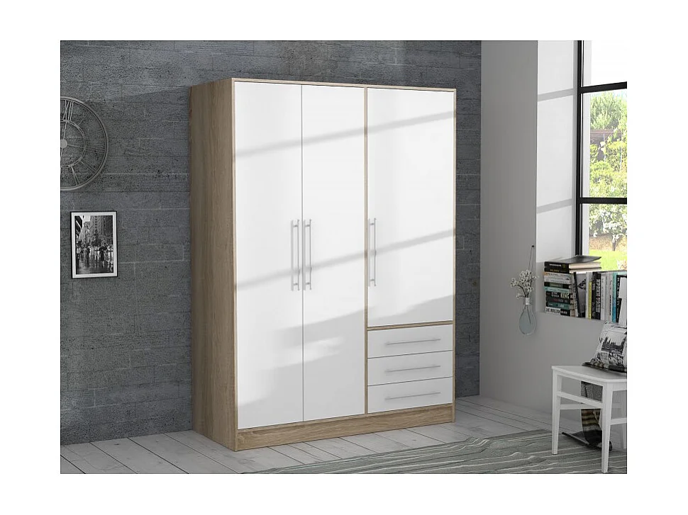 Armoire dressing 145 cm 3 portes blanc décor chêne clair - FARO