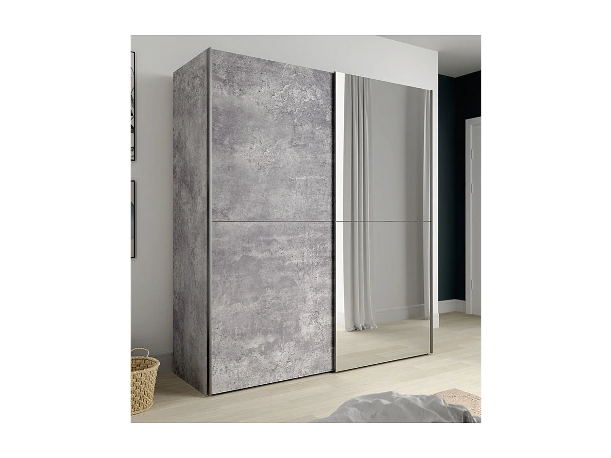 Armoire 2 portes coulissantes 5 tablettes béton gris miroir - JEIK