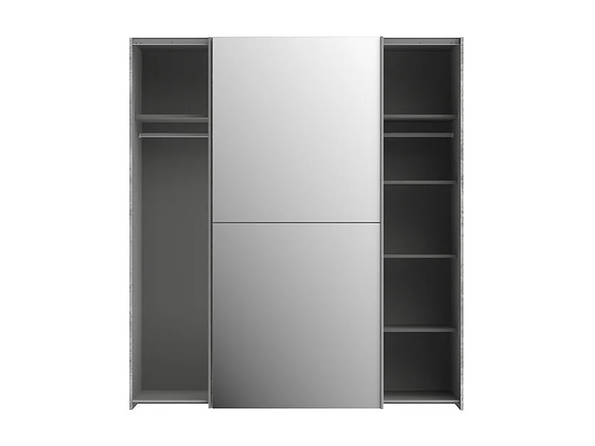 Armoire 2 portes coulissantes 5 tablettes béton gris miroir - JEIK
