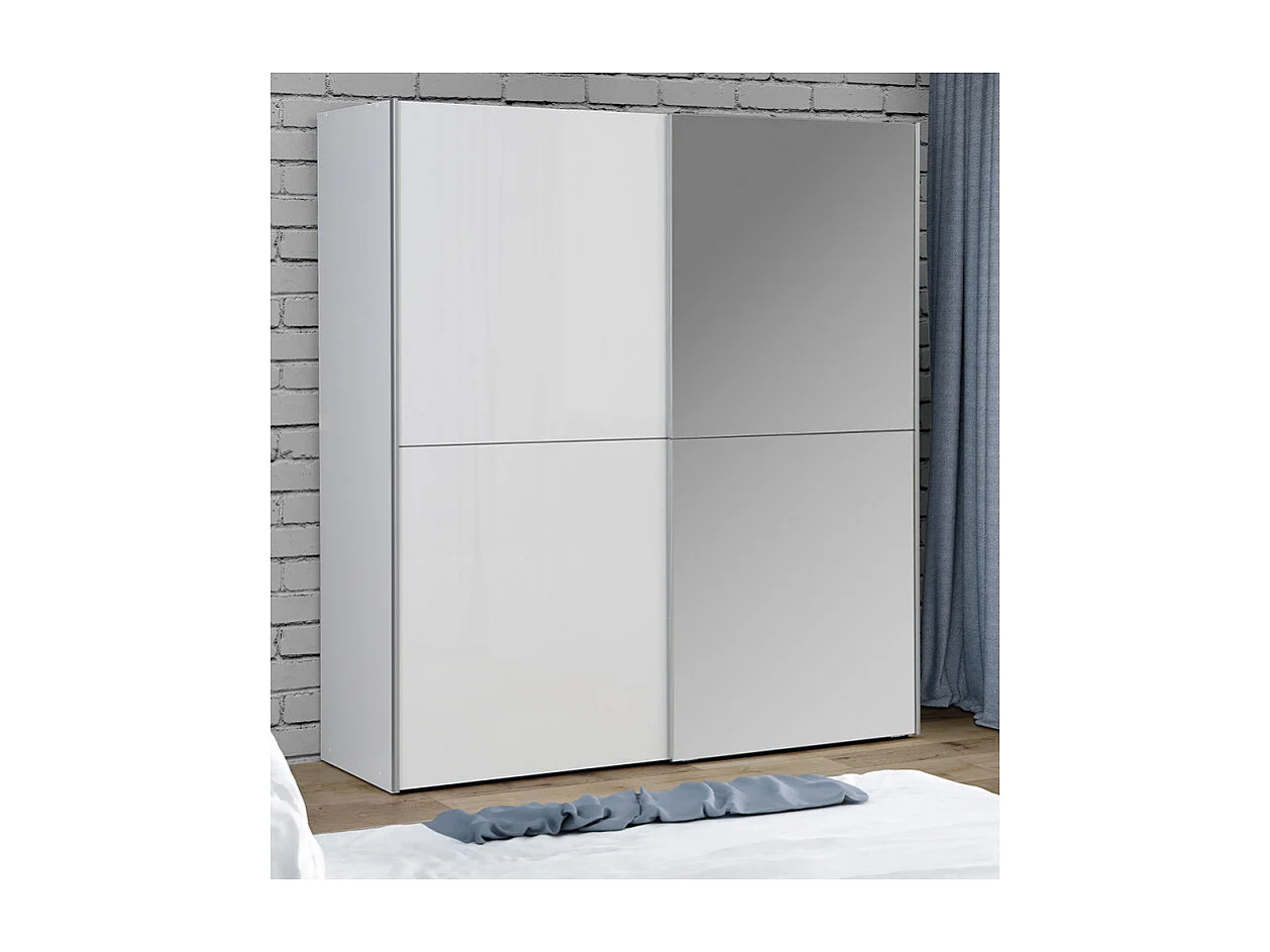 Armoire 2 portes coulissantes 5 tablettes blanc laqué miroir - JEIK