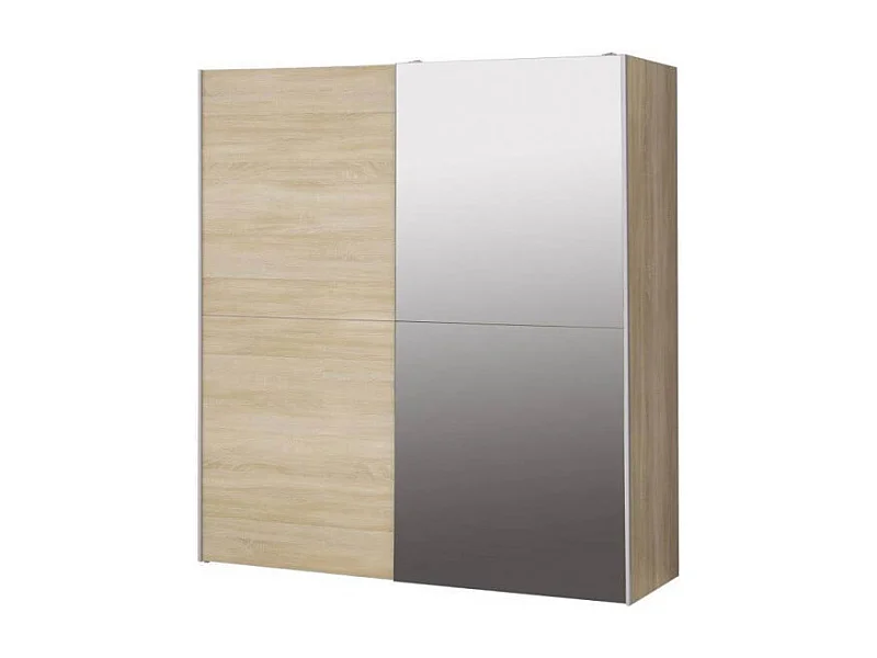 Armoire 2 portes coulissantes 5 tablettes décor bois et miroir - JEIK