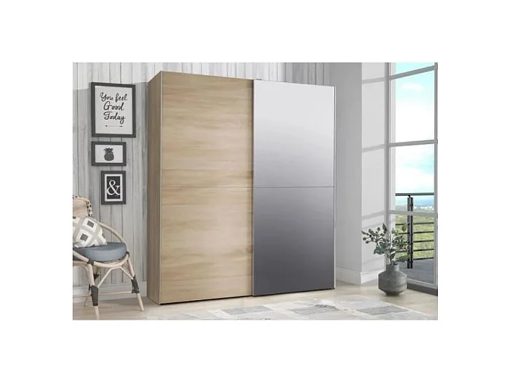 Armoire 2 portes coulissantes 5 tablettes décor bois et miroir - JEIK