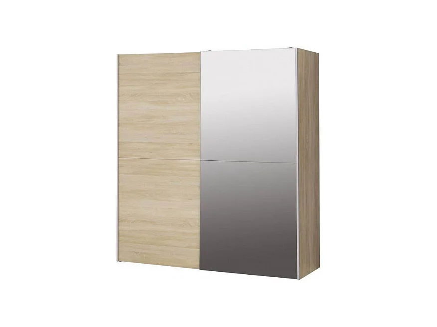 Armoire 2 portes coulissantes 5 tablettes décor bois et miroir - JEIK