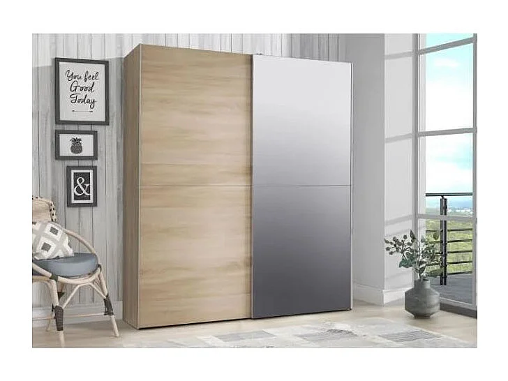 Armoire 2 portes coulissantes 5 tablettes décor bois et miroir - JEIK