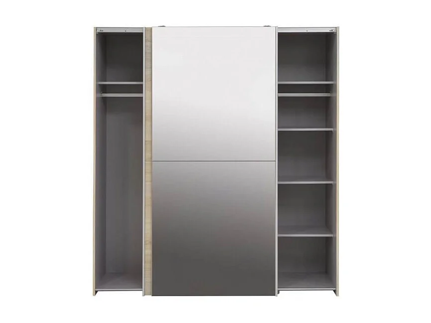 Armoire 2 portes coulissantes 5 tablettes décor bois et miroir - JEIK