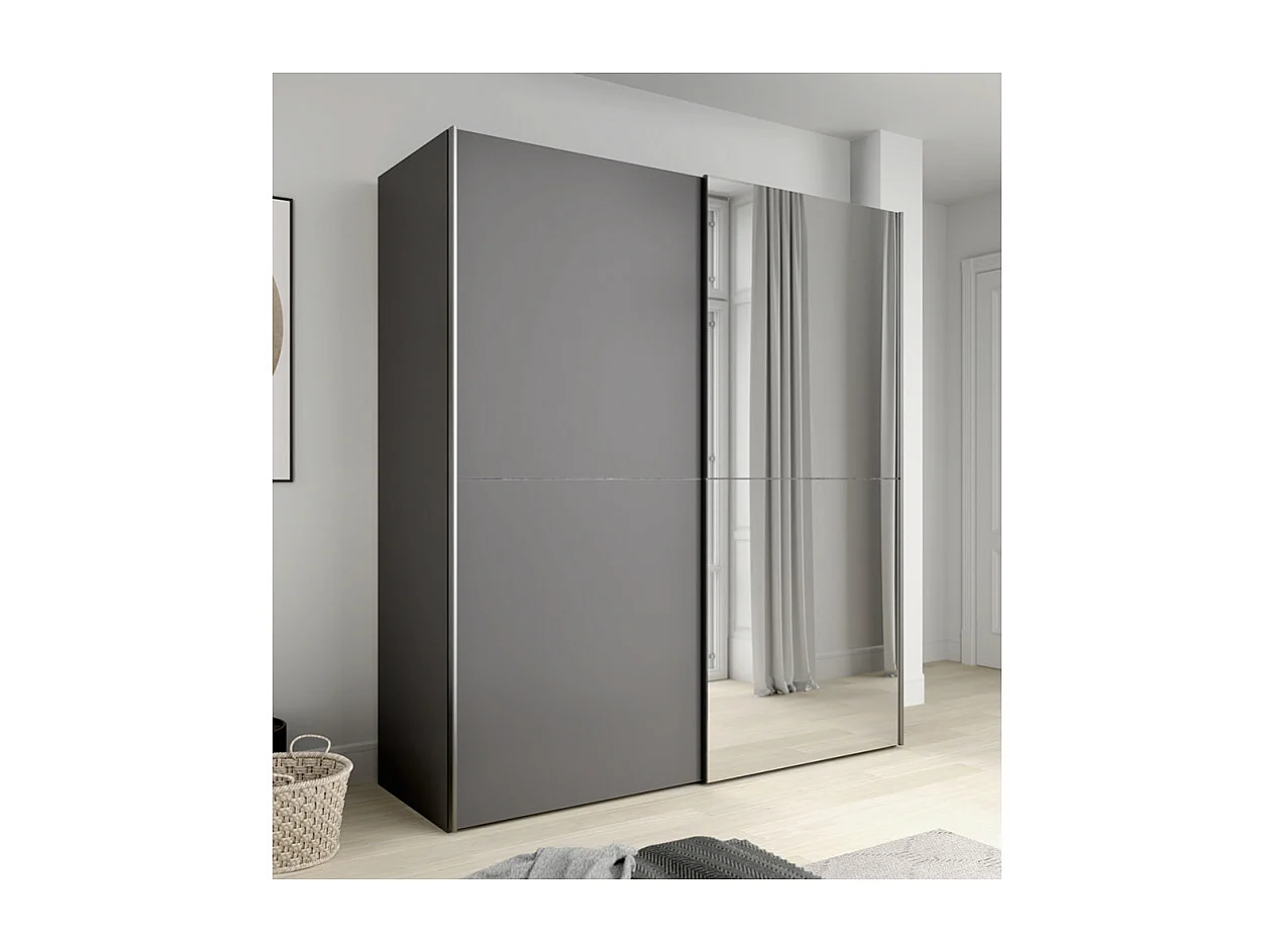 Armoire 2 portes coulissantes 5 tablettes gris foncé miroir - JEIK