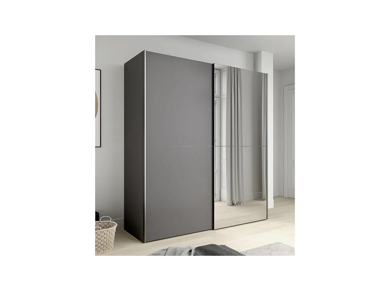 Armoire 2 portes coulissantes 5 tablettes gris foncé miroir - JEIK