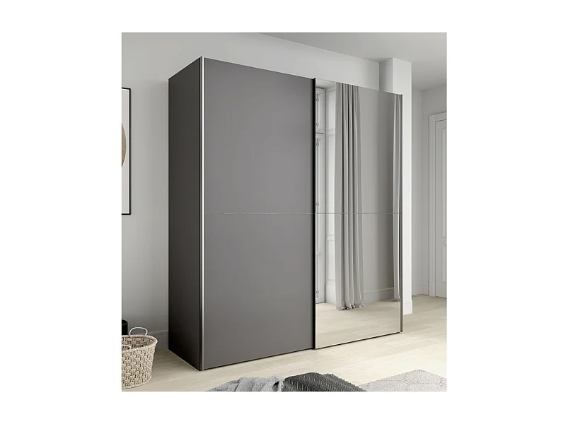 Armoire 2 portes coulissantes 5 tablettes gris foncé miroir - JEIK