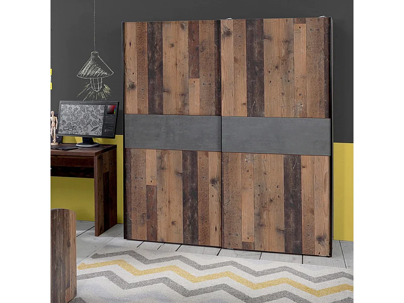 Armoire 170 cm 2 portes décor bois vintage et béton gris - BUCKY