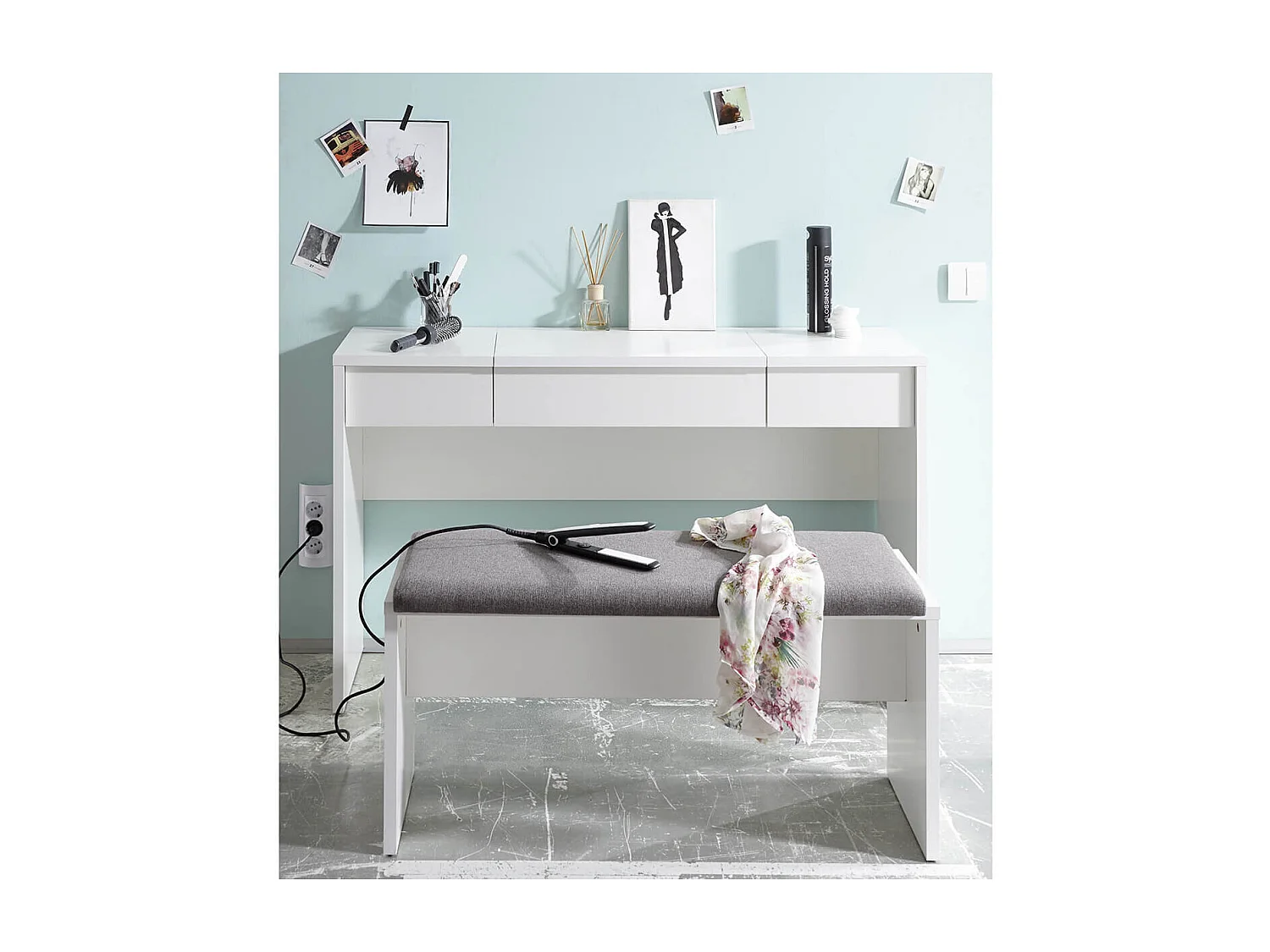 WATCHME - Coiffeuse Blanche 2 Tiroirs avec Miroir + Banc