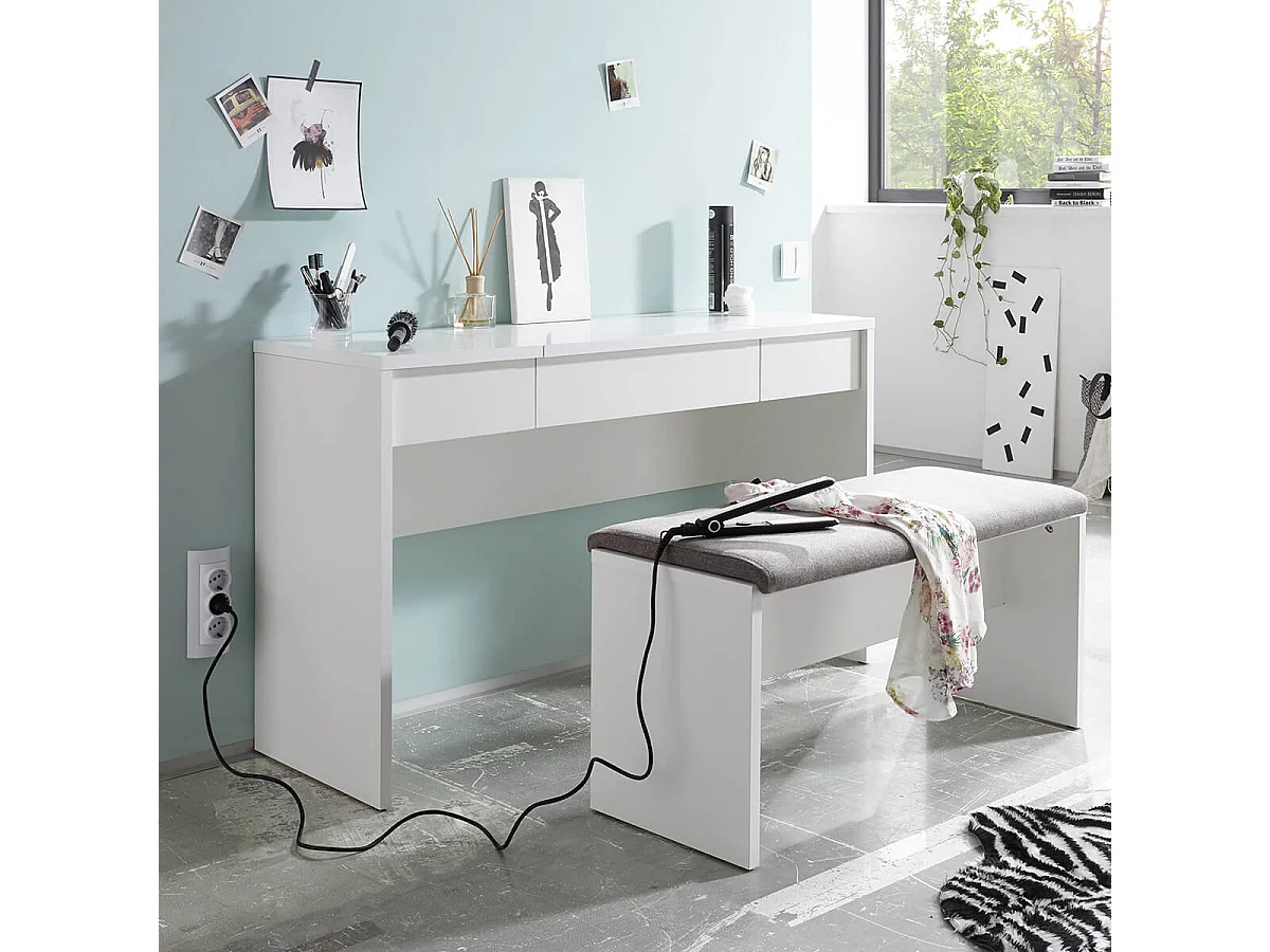 WATCHME - Coiffeuse Blanche 2 Tiroirs avec Miroir + Banc
