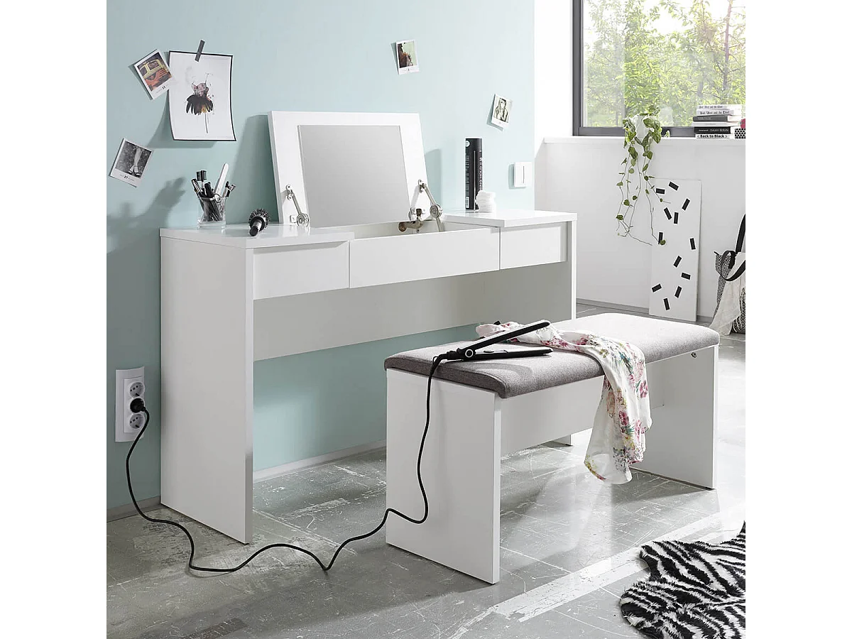 WATCHME - Coiffeuse Blanche 2 Tiroirs avec Miroir + Banc
