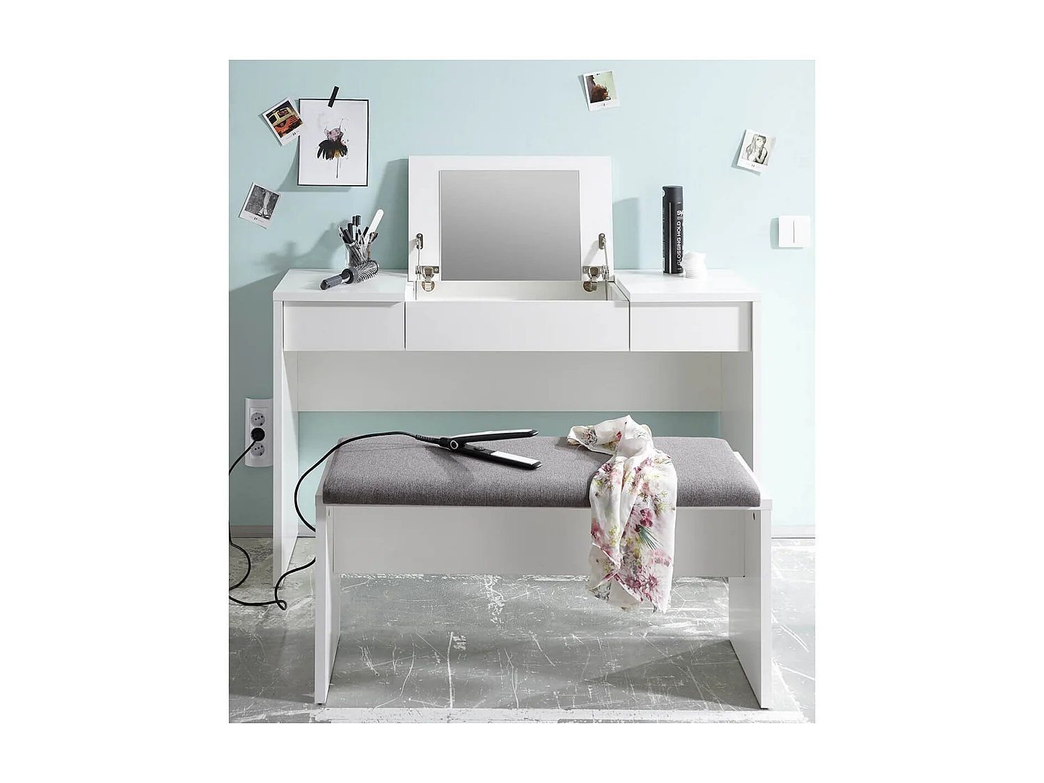 WATCHME - Coiffeuse Blanche 2 Tiroirs avec Miroir + Banc