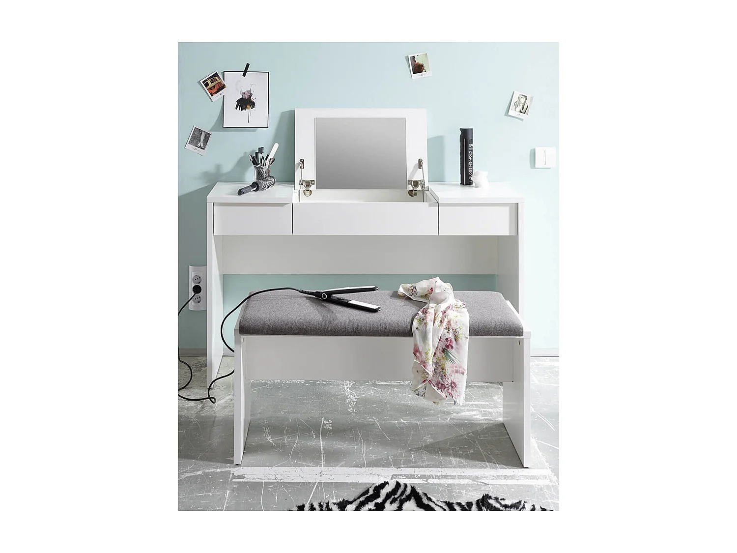 WATCHME - Coiffeuse Blanche 2 Tiroirs avec Miroir + Banc