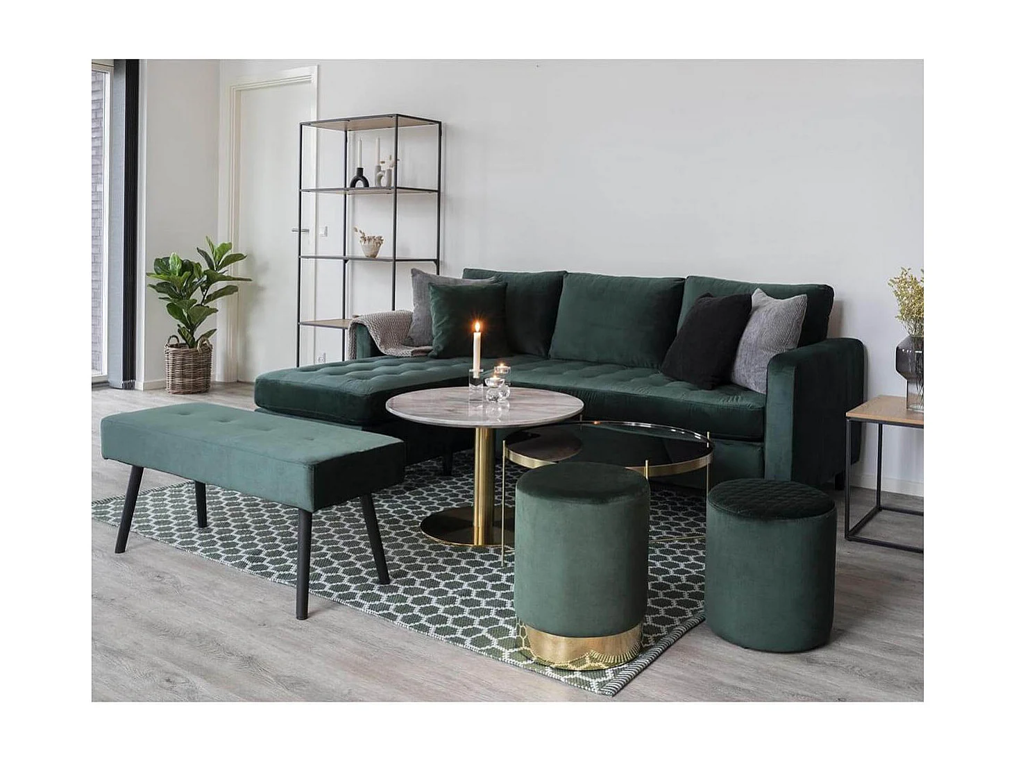 GEMINA - Banc 2 Places Velours Vert Foncé et Pieds Métal