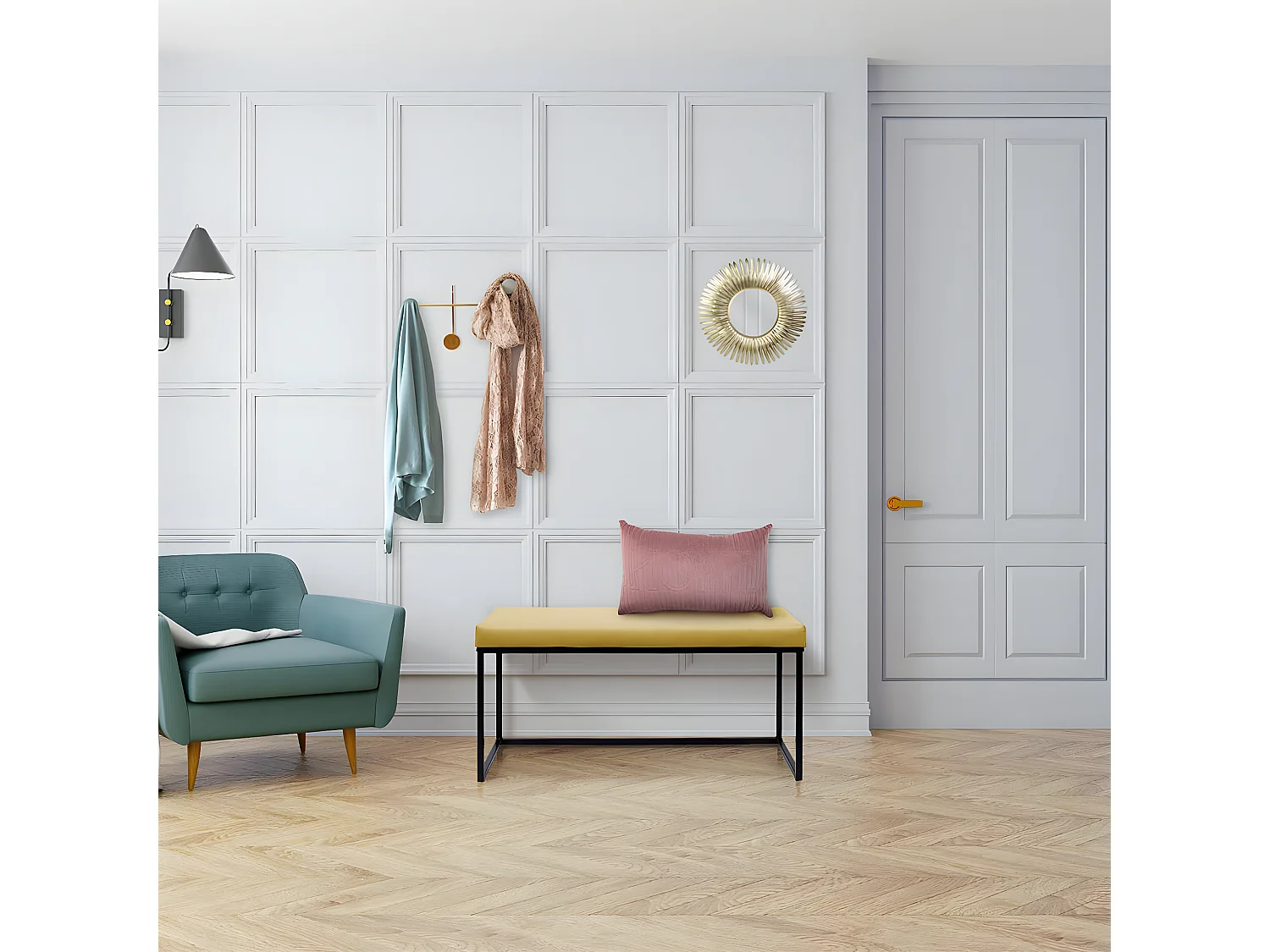 ALESSIA - Banc avec Assise Velours Côtelé Jaune Moutarde