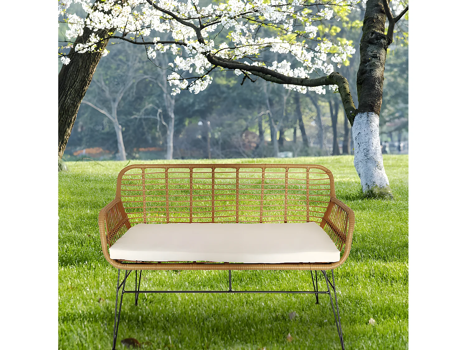 PATAYA - Banc Tressé Marron avec Pieds Métal