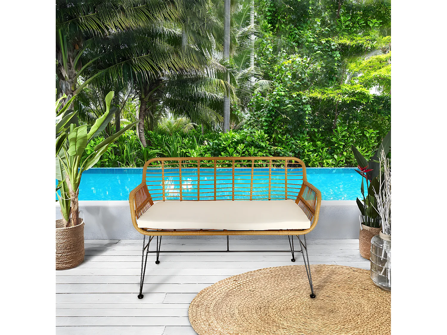 PATAYA - Banc Tressé Marron avec Pieds Métal