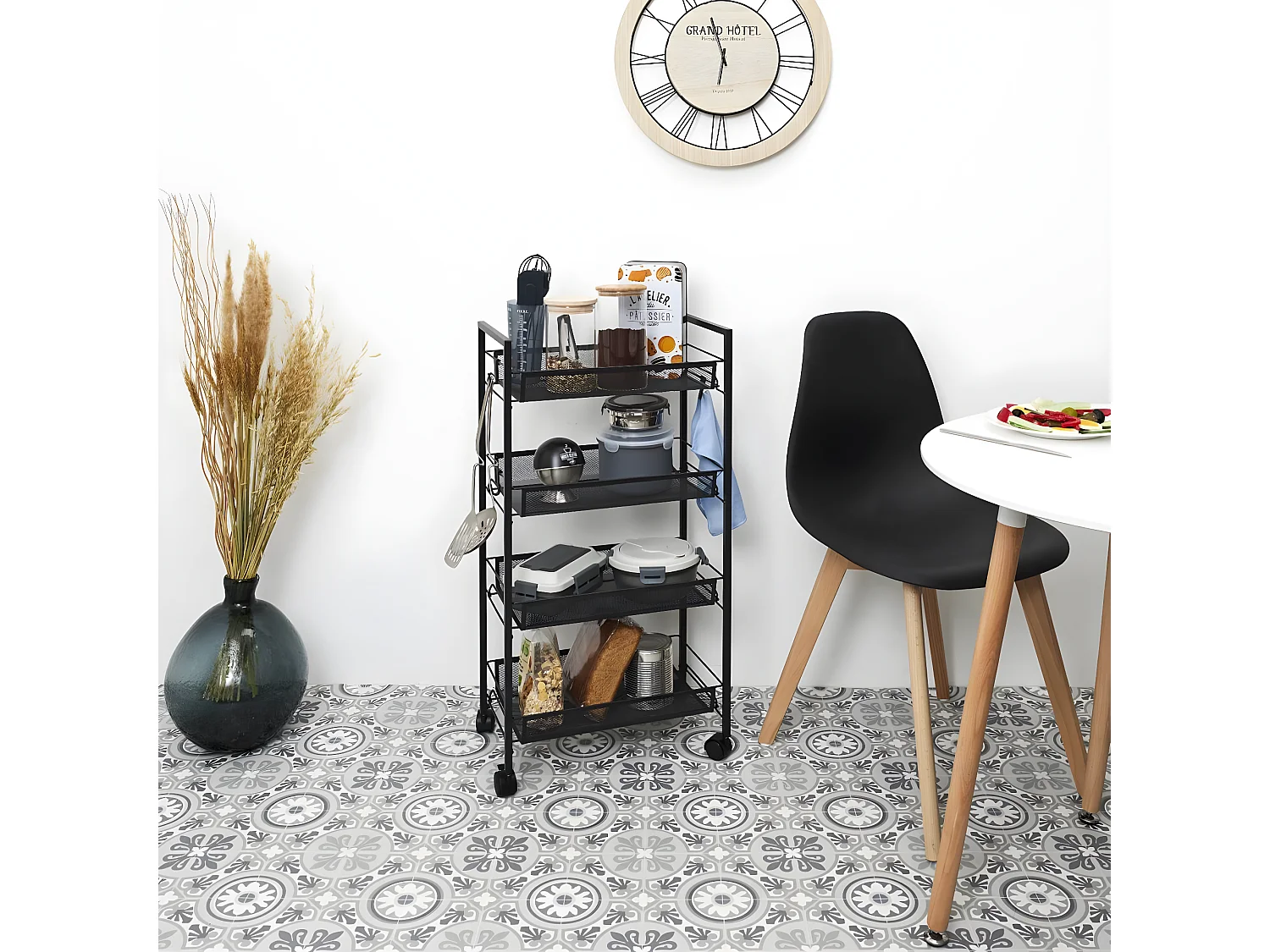 PANIL - Desserte à Roulettes Métallique Noire 4 Niveaux