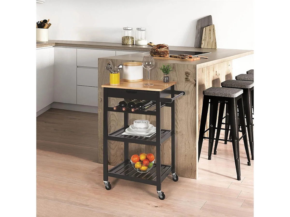 KWIT - Desserte à Roulettes Noire avec Porte-Bouteilles