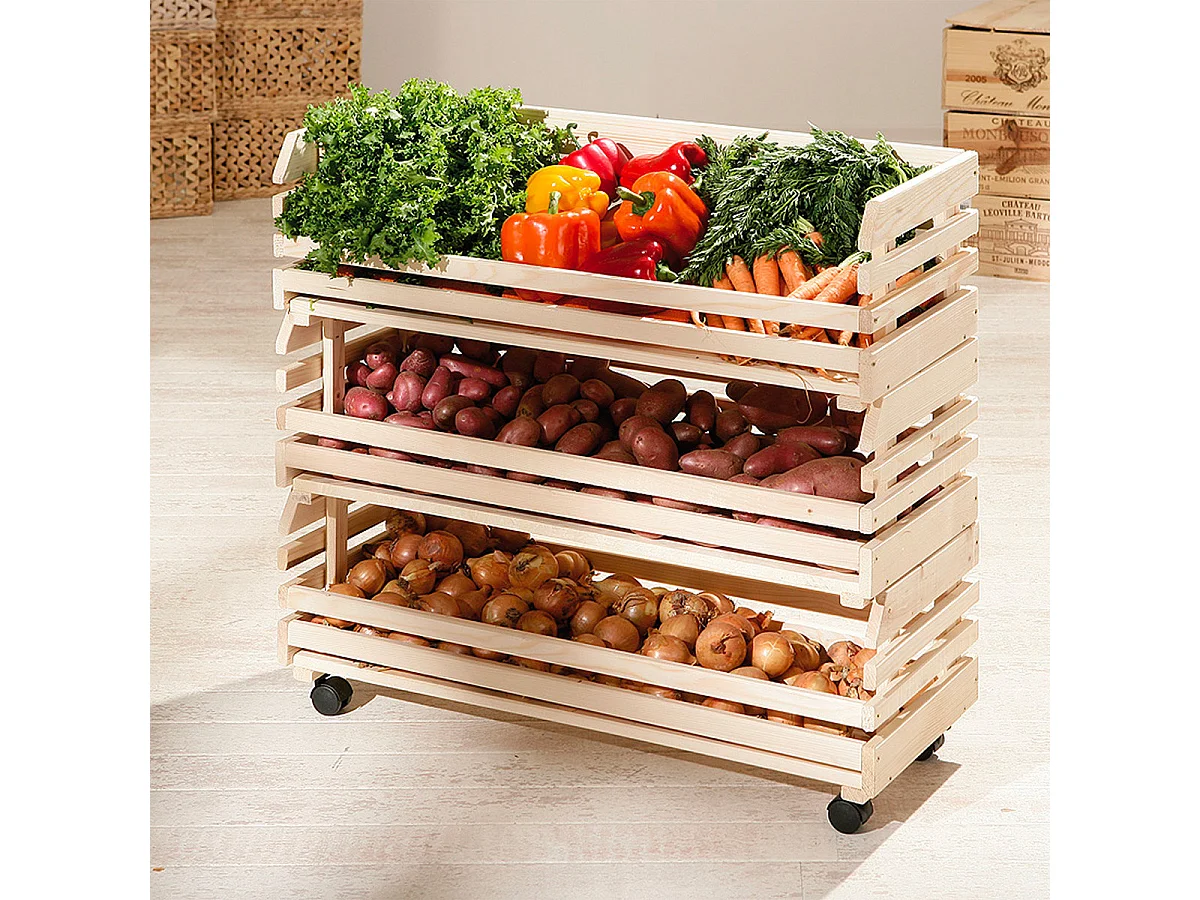 LEGUMES MAXI - Lot 3 Cageots Empilables Pin Massif sur Roulettes