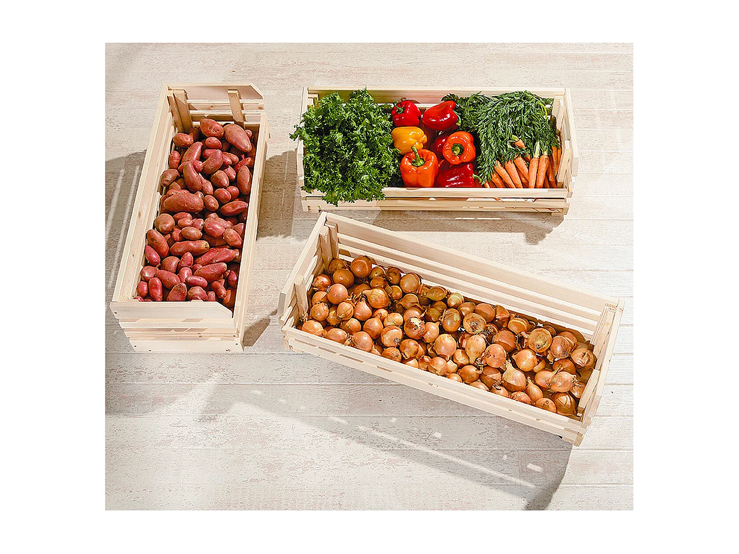 LEGUMES MAXI - Lot 3 Cageots Empilables Pin Massif sur Roulettes