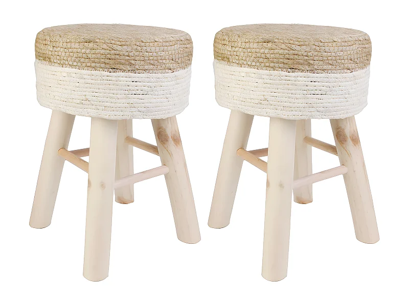 ESTANY - Lot de 2 Tabourets Tressés Naturel et Beige