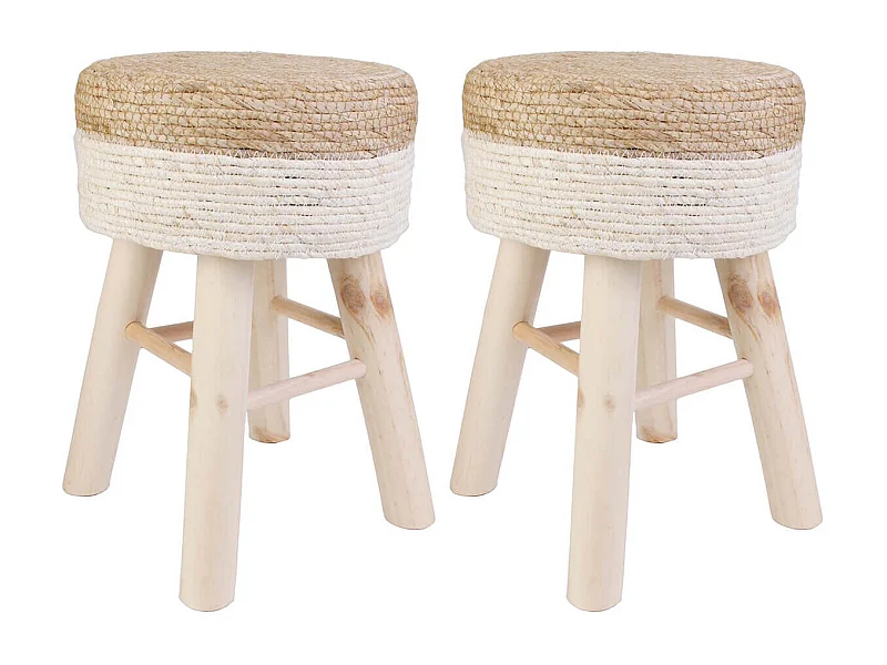 ESTANY - Lot de 2 Tabourets Tressés Naturel et Beige