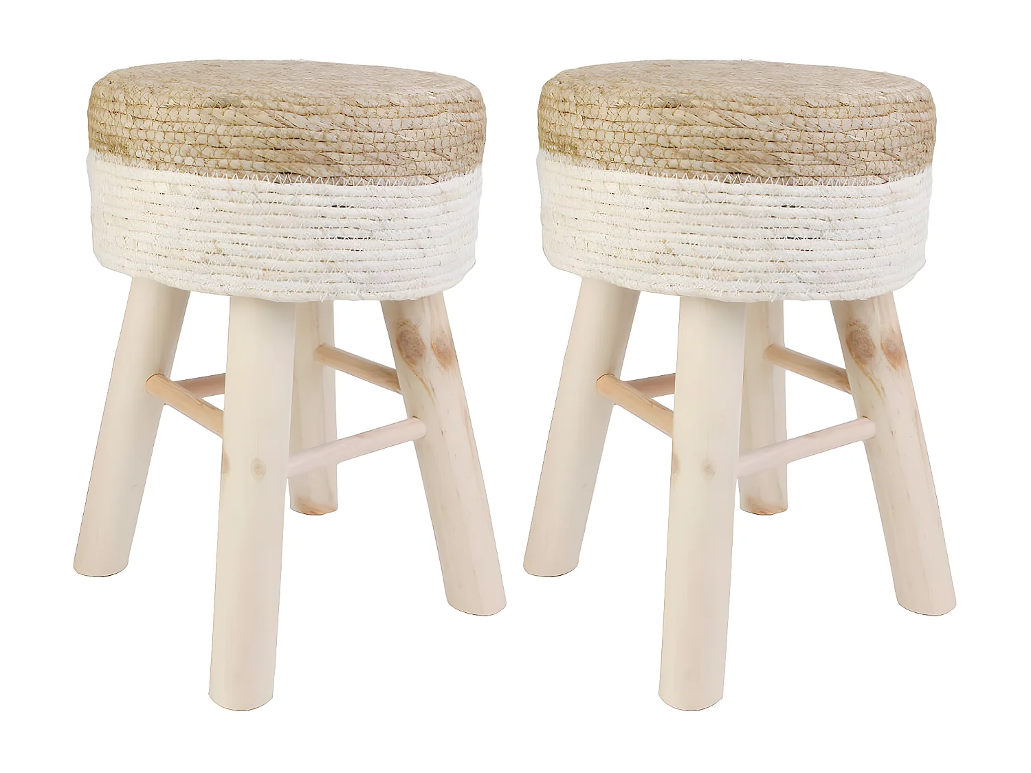 ESTANY - Lot de 2 Tabourets Tressés Naturel et Beige