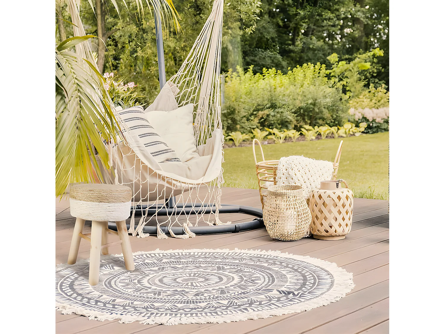 ESTANY - Lot de 2 Tabourets Tressés Naturel et Beige