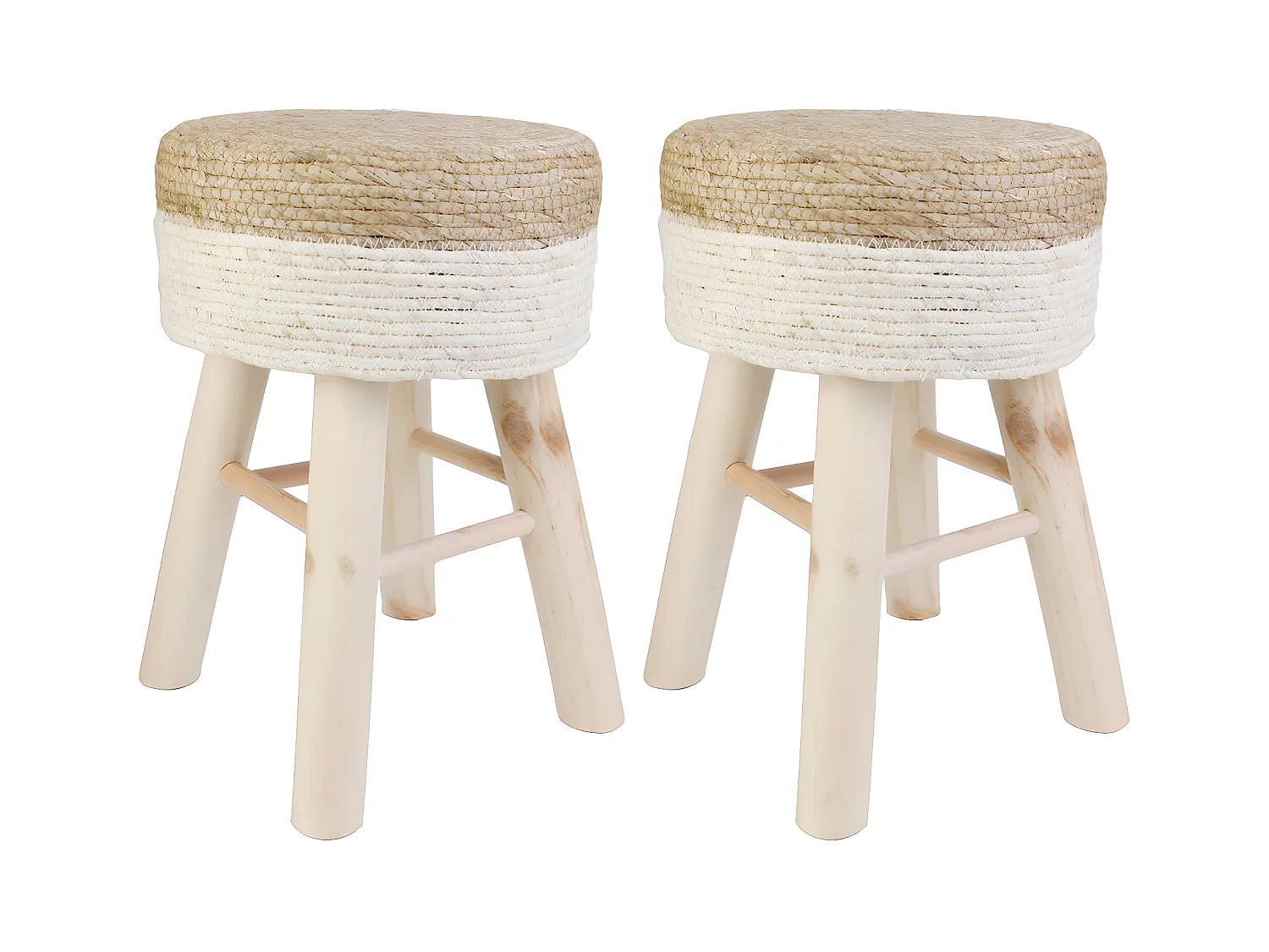 ESTANY - Lot de 2 Tabourets Tressés Naturel et Beige