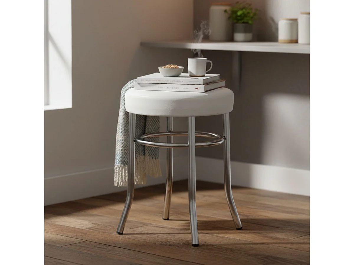 TODARO - Tabouret Acier Chromé et Simili Blanc