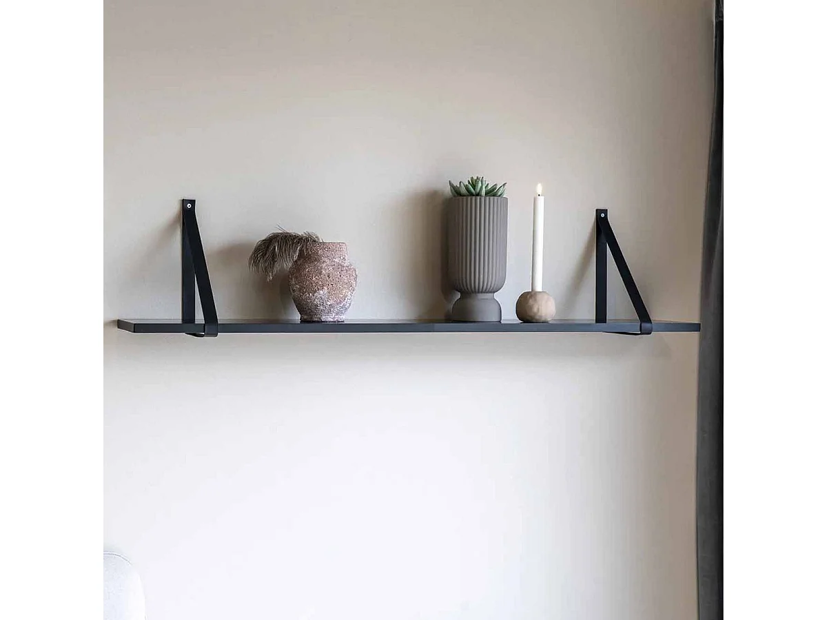 CASONA - Etagère Murale 120x20cm Hévéa Noir et Cuir