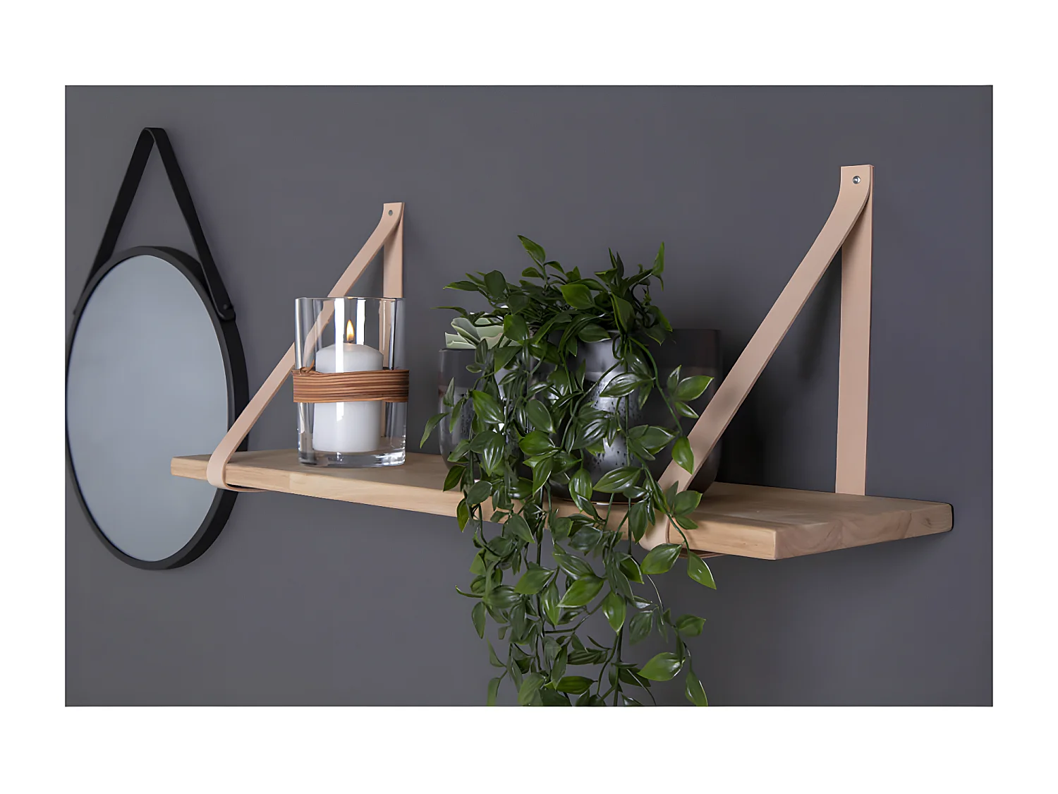 CASONA - Etagère Murale 120x20cm Hévéa Naturel et Cuir