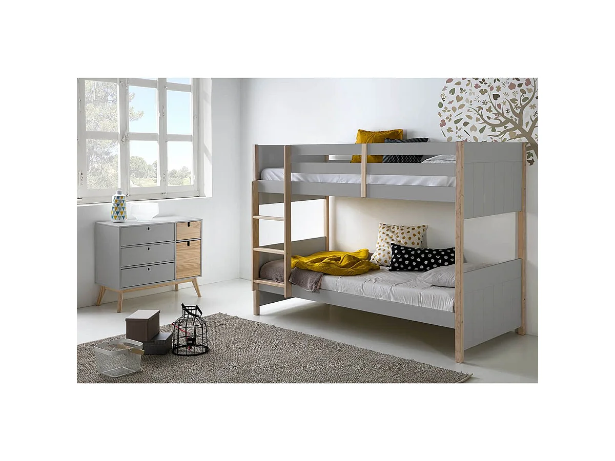 LILY - Lits Superposés 90x190 Bois Naturel et Gris