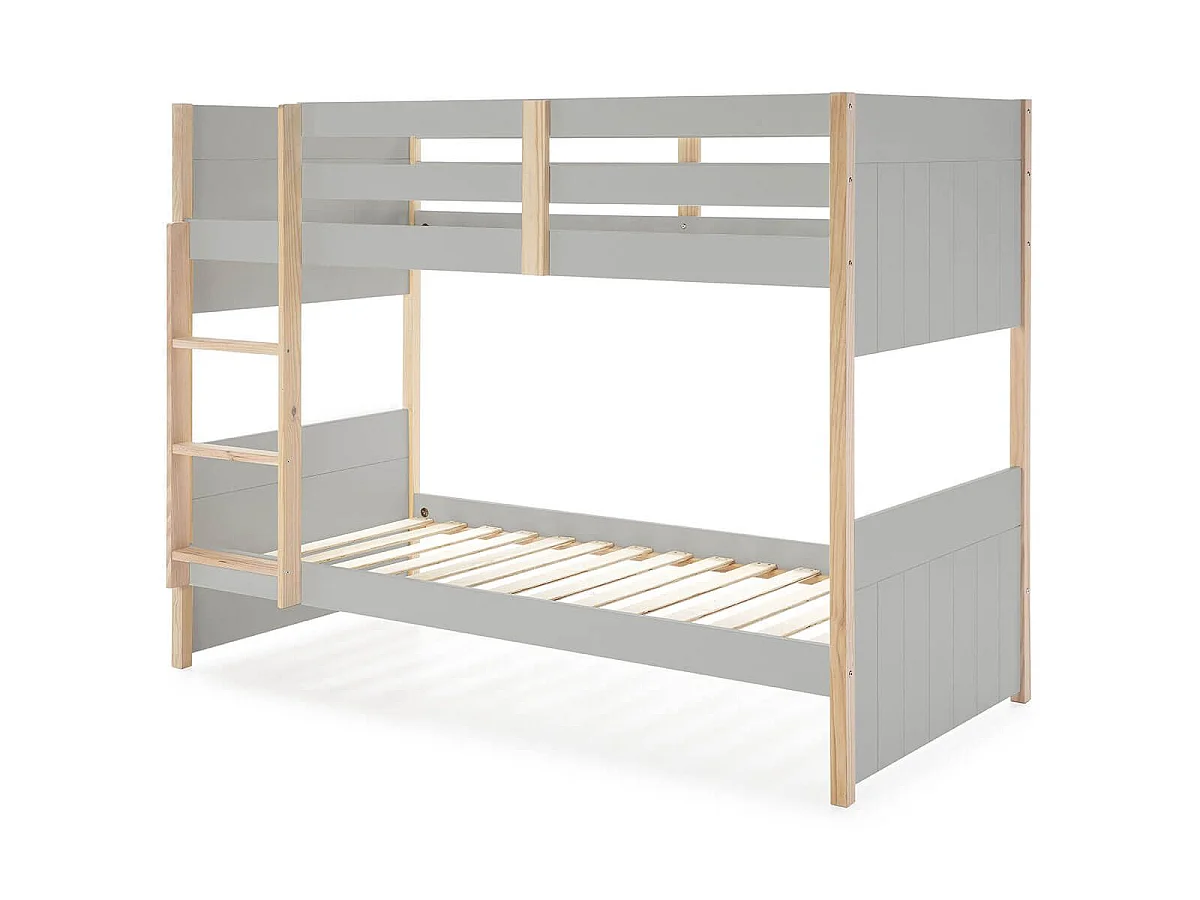 LILY - Lits Superposés 90x190 Bois Naturel et Gris