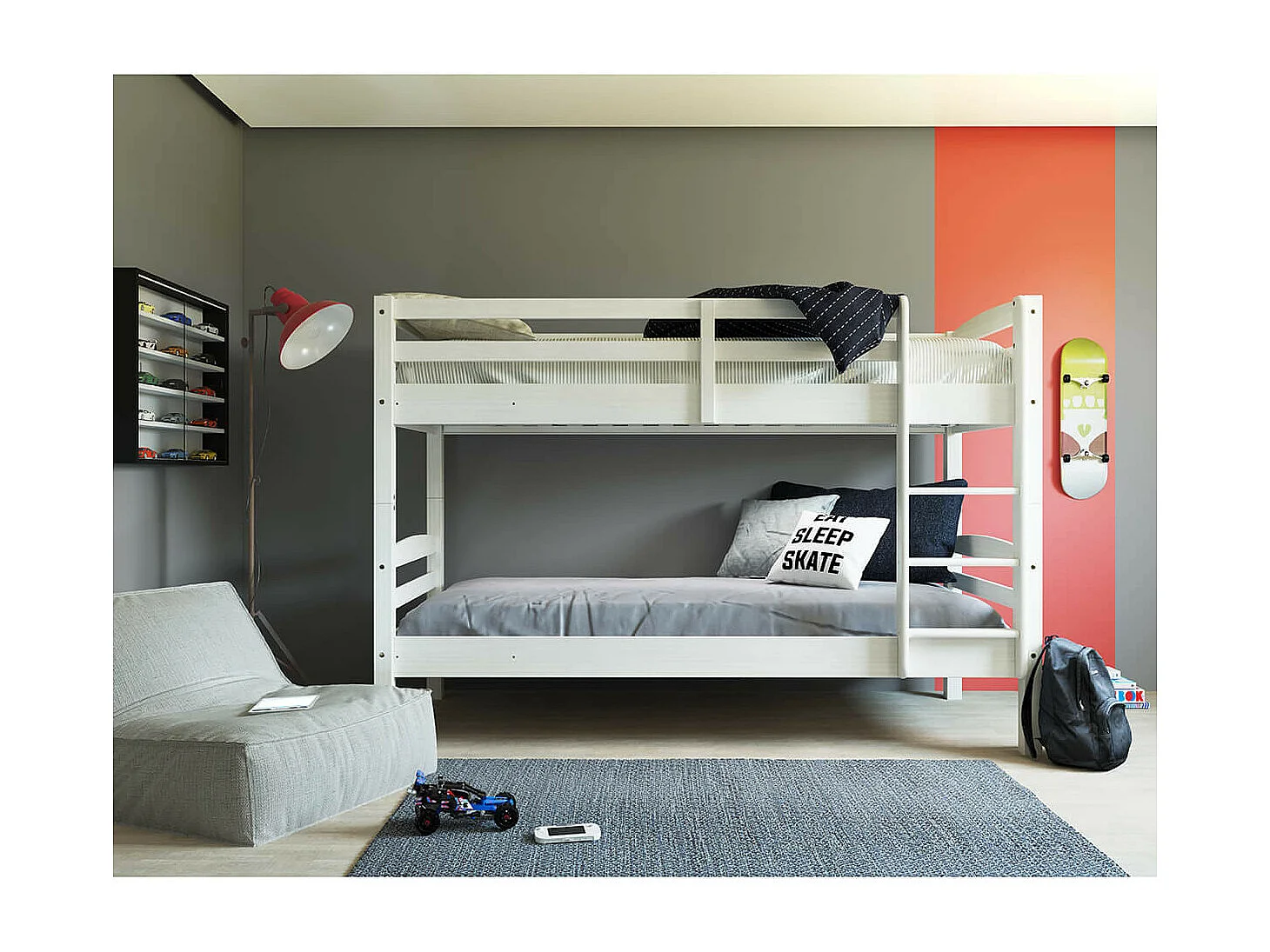 ALASKA - Lits Superposés 90x190cm + Sommiers Bois Massif Vernis Blanc