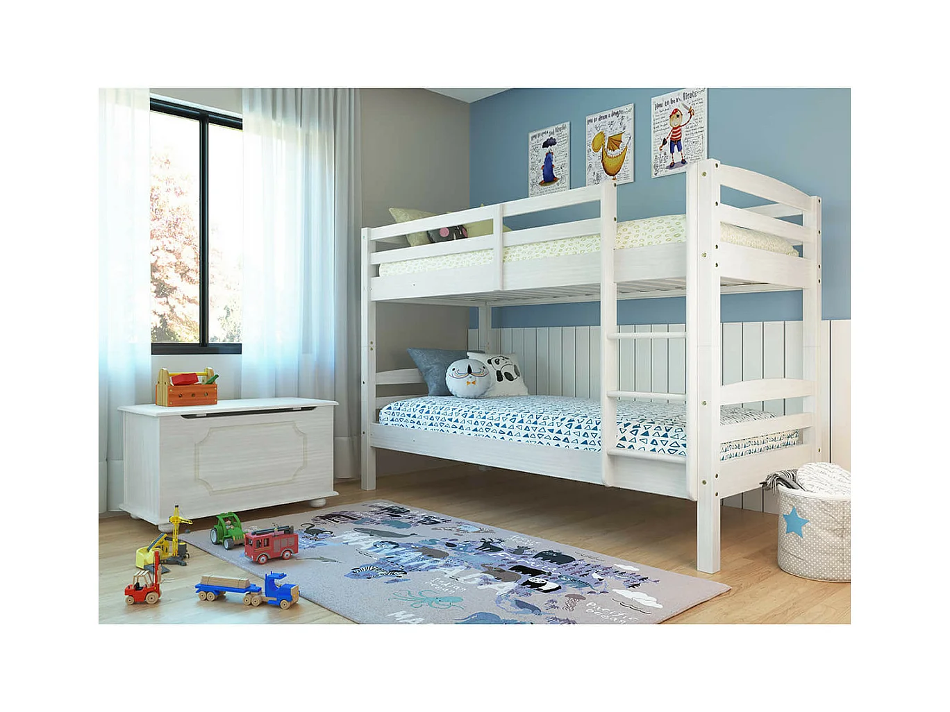 ALASKA - Lits Superposés 90x190cm + Sommiers Bois Massif Vernis Blanc