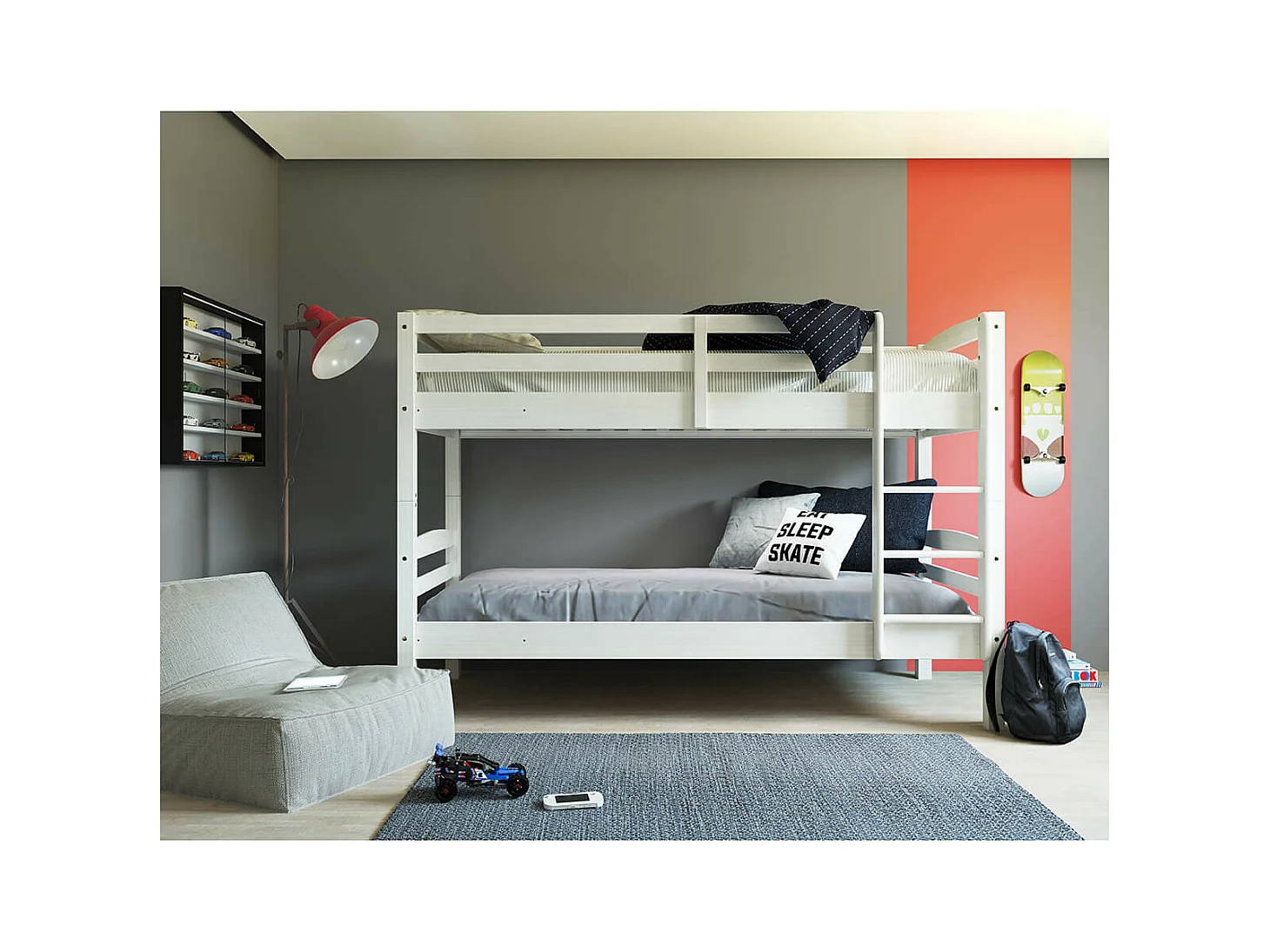 ALASKA - Lits Superposés 90x190cm + Sommiers Bois Massif Vernis Blanc